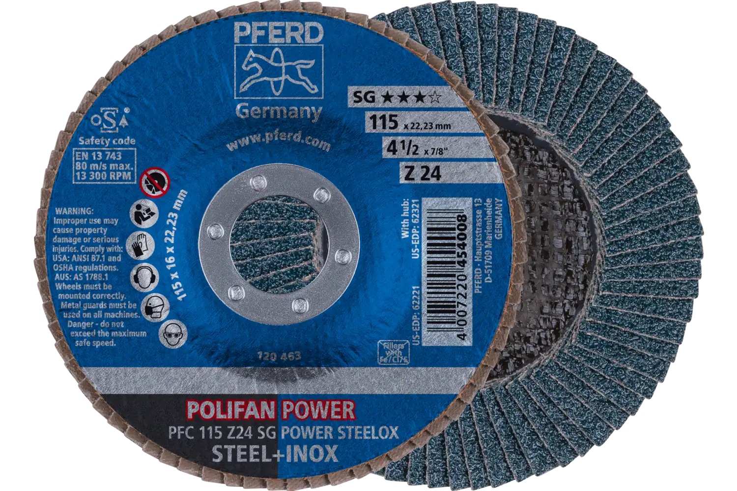 Picture of Pferd Flap Disc, 4-1/2" x 7/8, Z SG Power Steelox, 24 Grit, T29, Conical, Zirconia